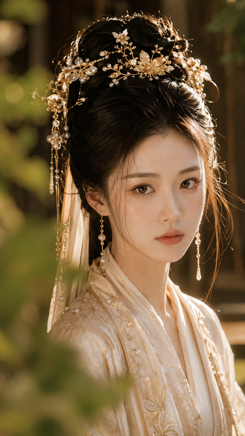 暖金逆光中的古装女性，佩戴金色花枝与珍珠流苏发饰