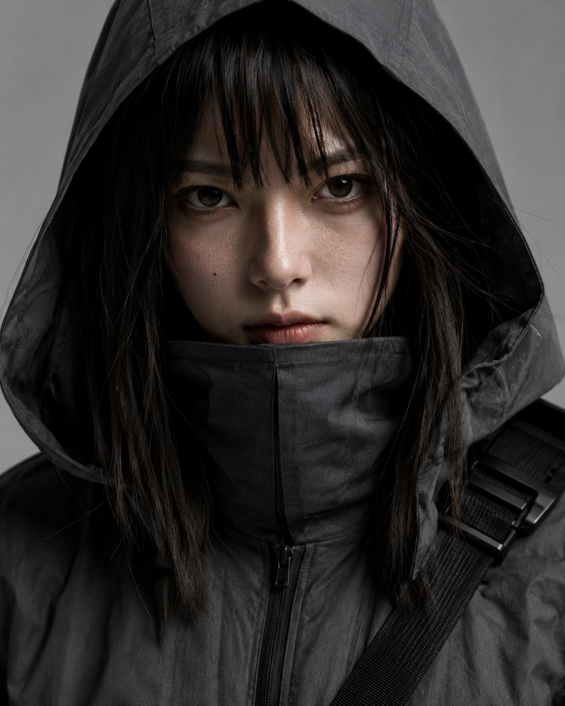 身穿深炭灰连帽战术外套的年轻东亚女性佣兵肖像