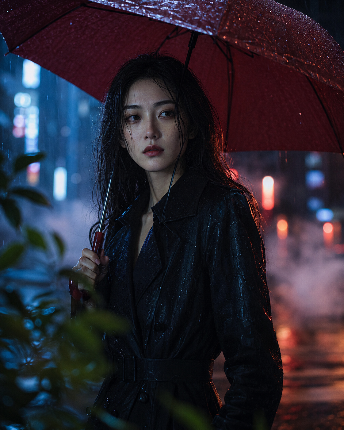 雨夜霓虹中手持深红长柄伞、身穿黑色风衣的年轻女性