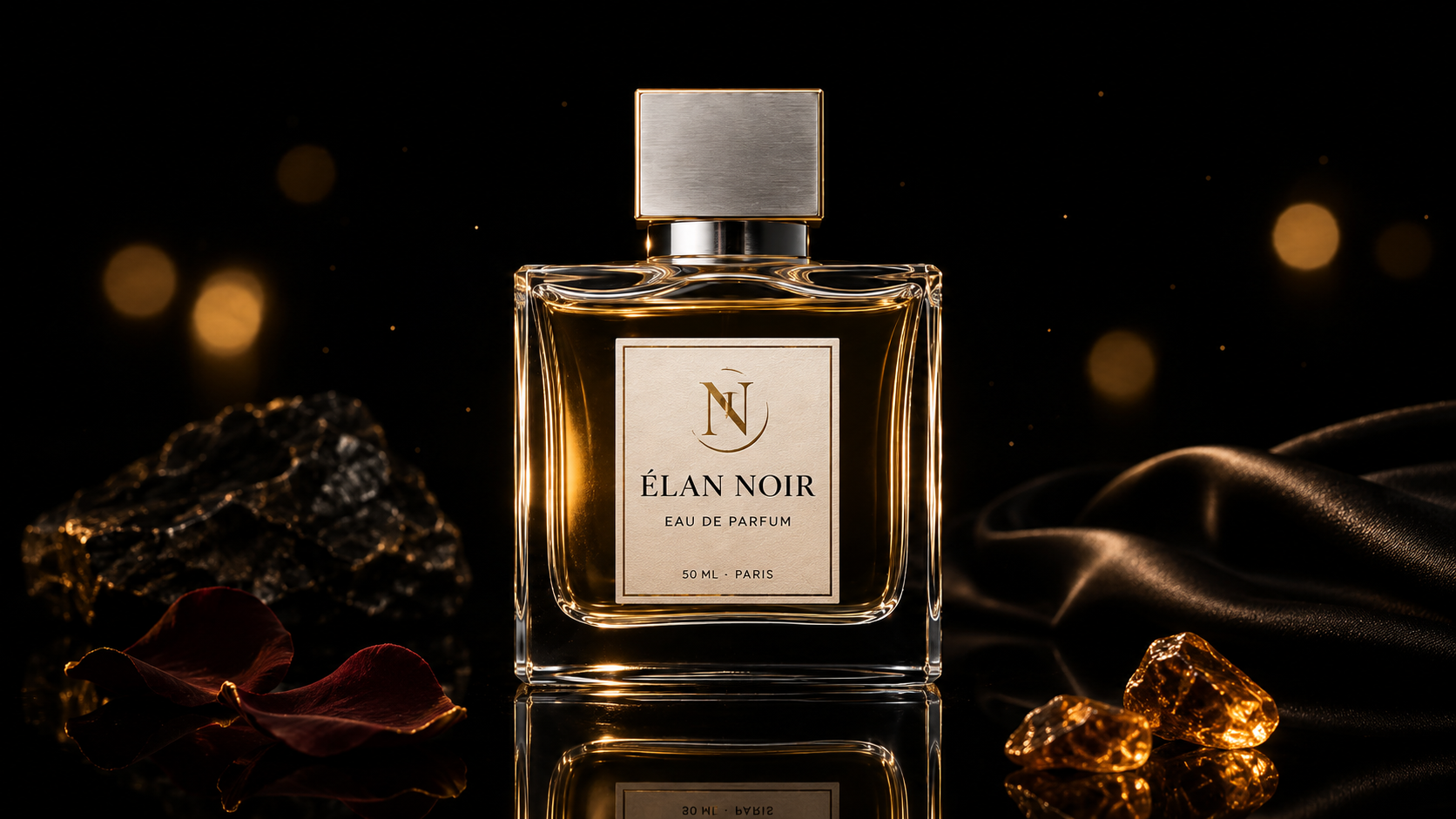 黑色背景中的 Élan Noir 香水瓶，金色光线勾勒玻璃轮廓